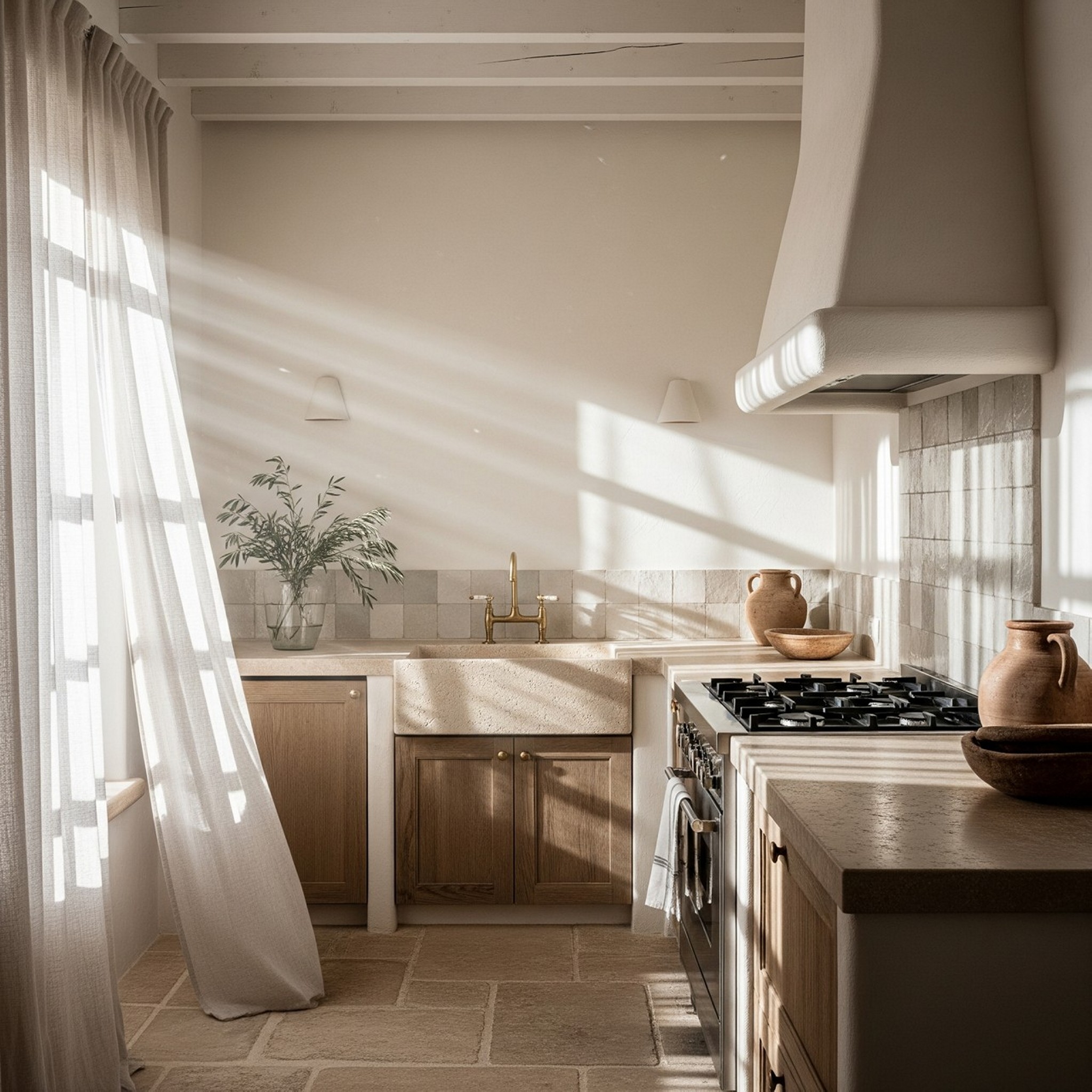 ESTILO-MEDITERRANEO Cocina de estilo mediterráneo luminosa con suelo de piedra natural, muebles de madera rústica y encimera de obra.